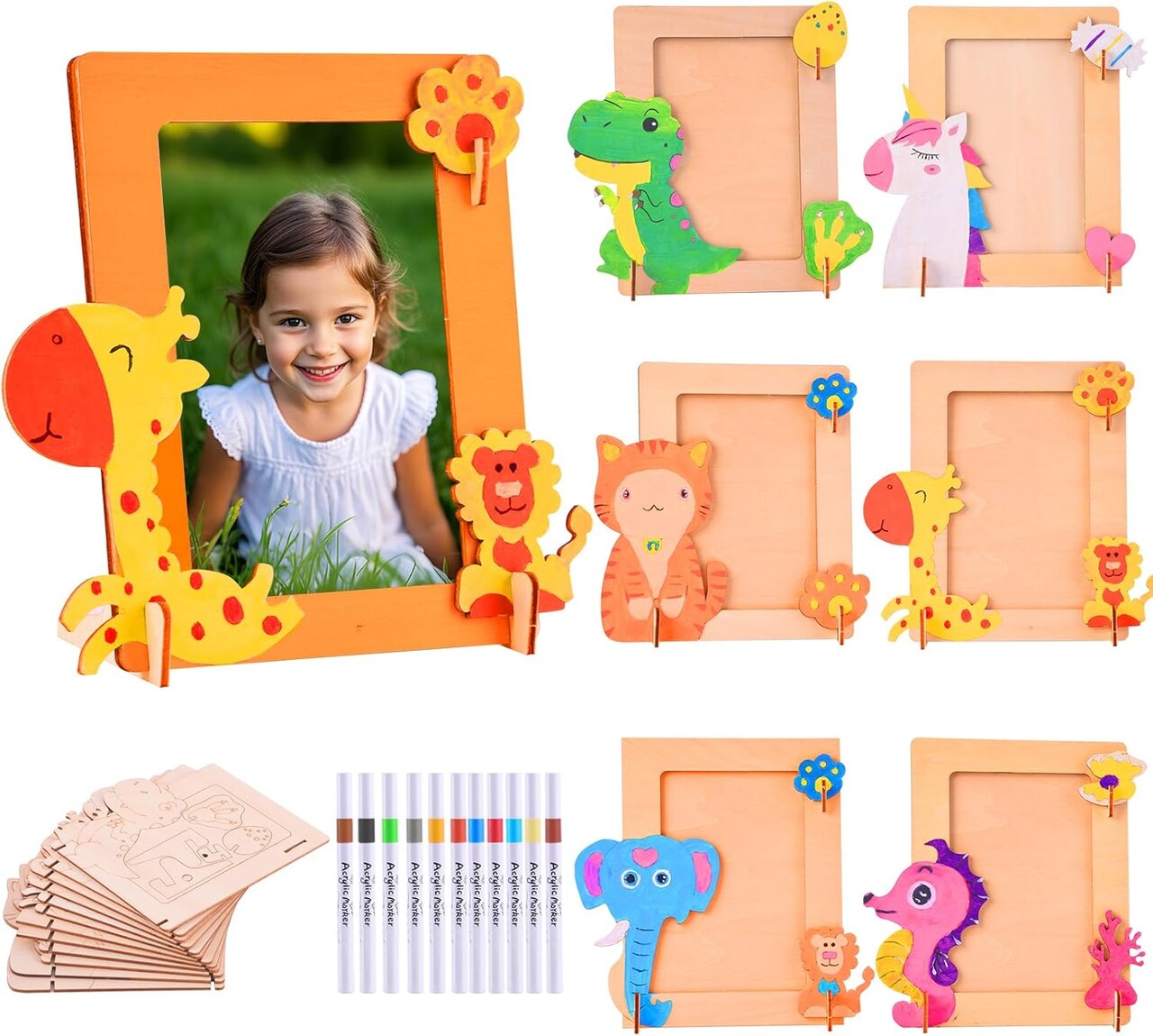 Photo Frame Craft Kit - DIY Arts & Crafts Painting Kits for Kids Ages 8-12 6-8, Girls Boys Easter Gifts,12 Pack Unfinished Wooden Photo Frames for Mother's Day Father's Day (Animal A)